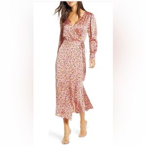 Leith Pink Leopard Print Long Sleeve Satin Midi Wrap Dress